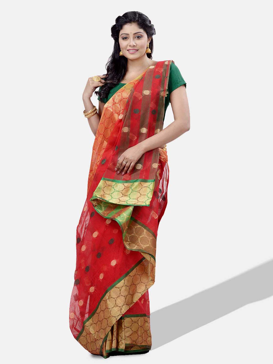 Women Ganga Jamuna Bengal Handloom Cotton Tant Saree Without Blouse Piece (DBGANGAJ1_Red_green)